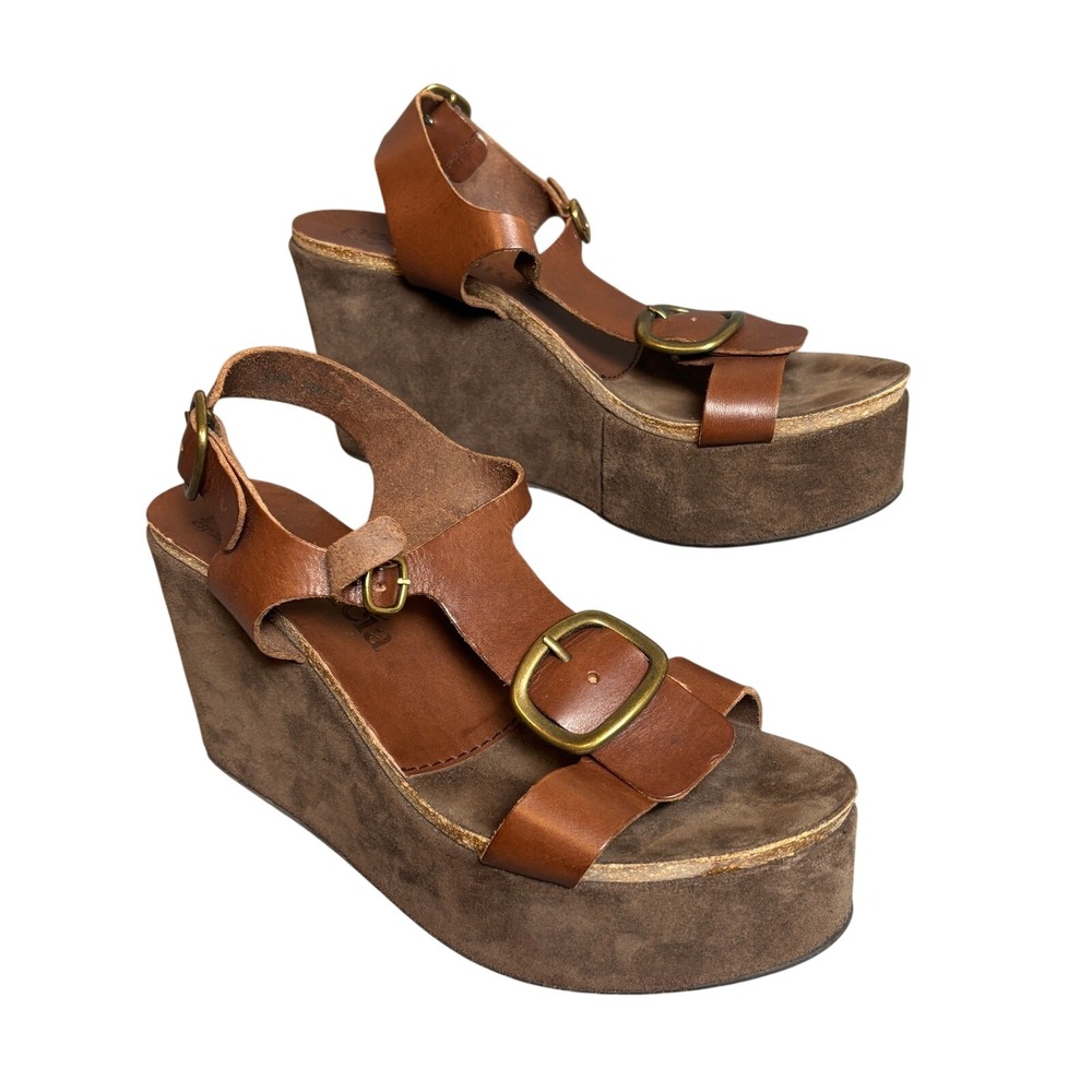 Pedro Garcia Suede Platform Wedge Sandals Leather Buckled Straps Womens 9‎ US